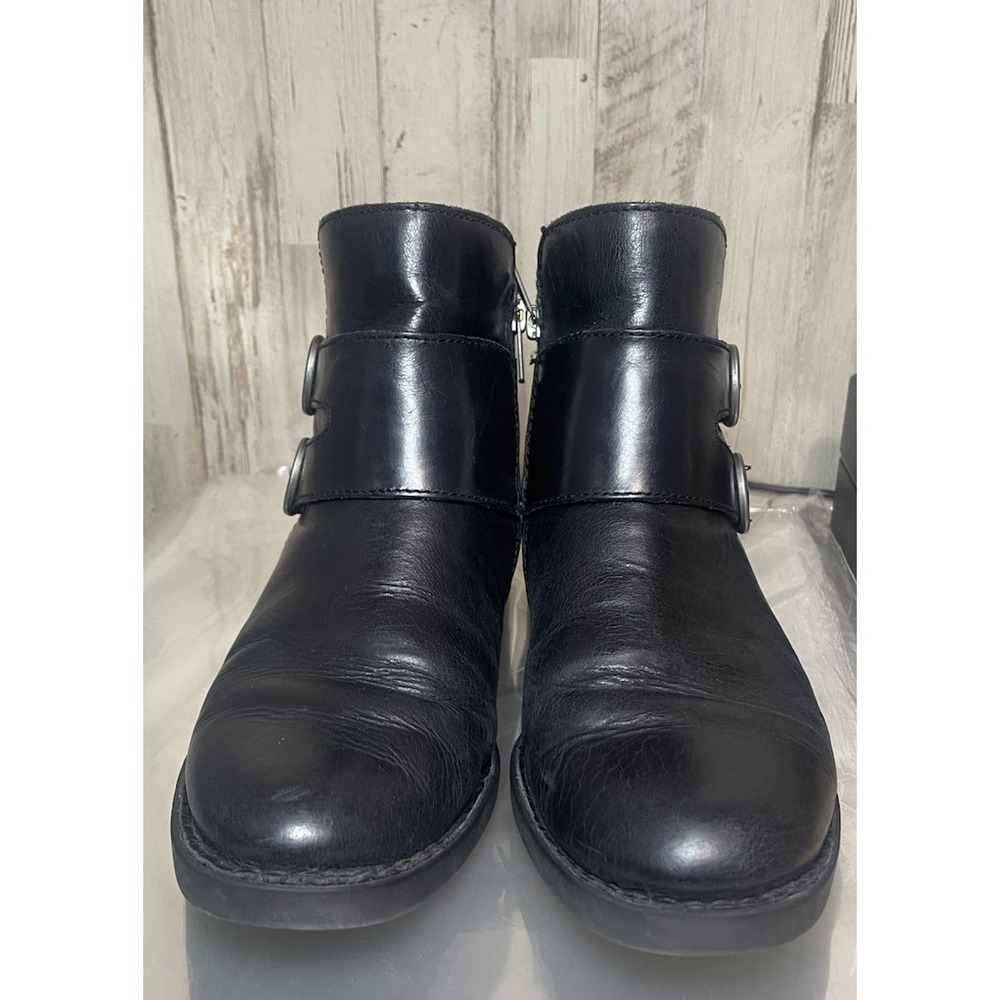 Børn Black Leather Ankle Bootie Side Zip Double Buckle Straps Sz 8 FD6303
